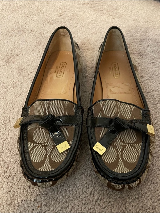 Coach Shoes - Coach Brown Signature Canvas and Black Patent Frida Loafers